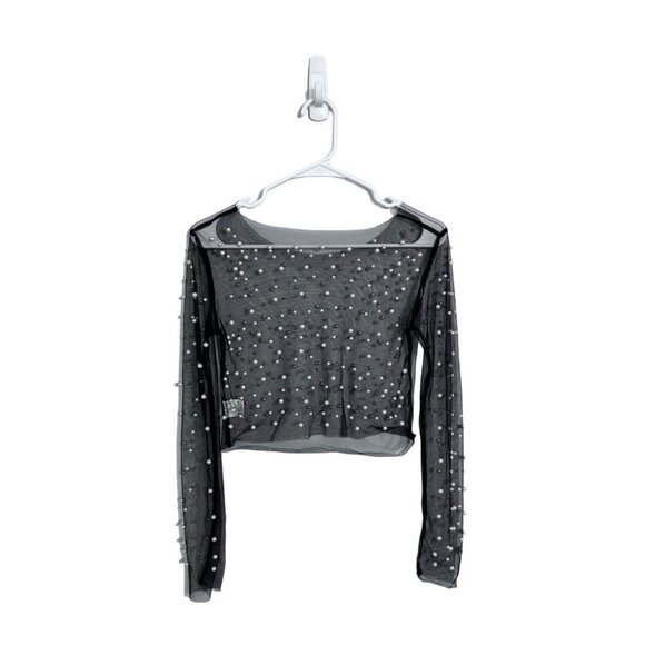Pearl embellished sheet mesh long sleeve top edgy coquette size S - Picture 2 of 4